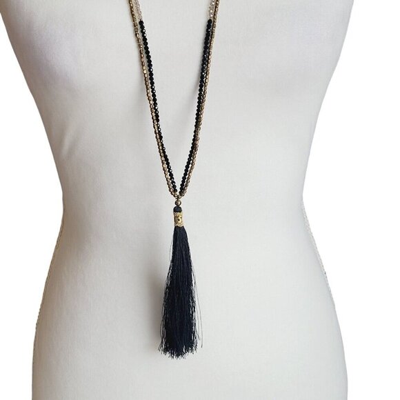 Nakamol Dainty Beaded Double Strand Necklace Black Tassel Faceted Glass Beads - Picture 3 of 10